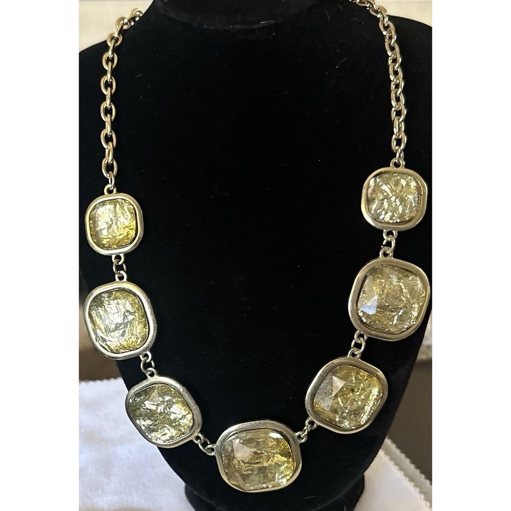 Gold Tone Champagne Crackle Stone Statement Necklace Adjustable Collar